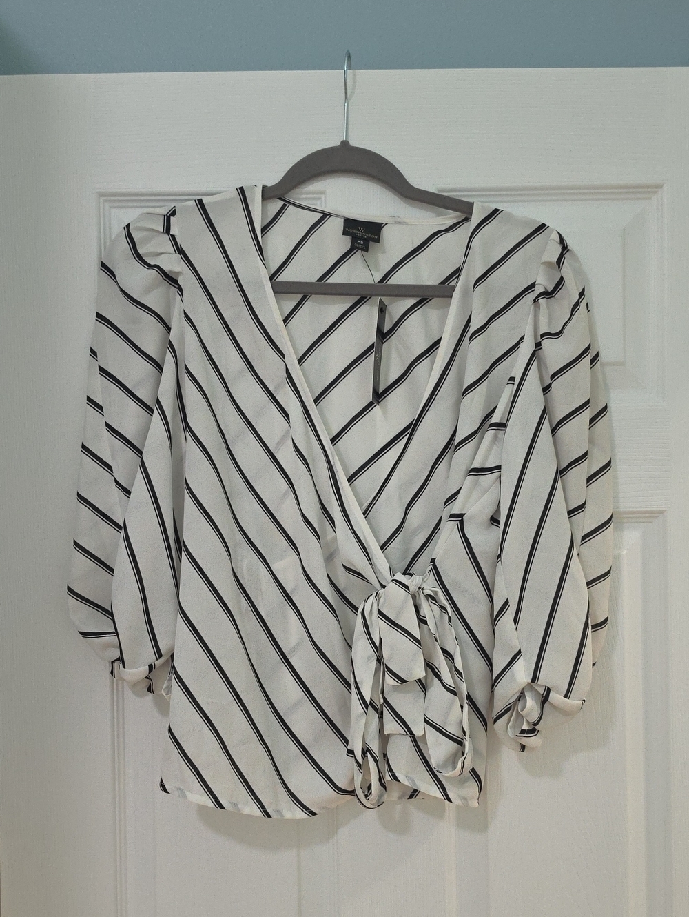 White and Black Diagonal Stripe Wrap Blouse